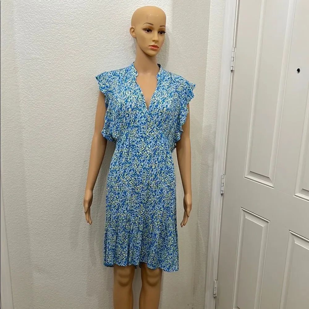 Scoop Dress Blue Yellow Floral Sundress VNeck Ruffled Short Flutter Sleeves Midi
